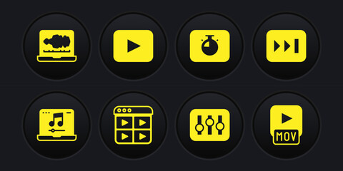 Set Laptop with music, Fast forward, Music playlist, Sound mixer controller, Stopwatch, Play button, MOV file and audio recorder icon. Vector