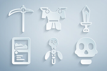 Set Magic staff, Sword for game, Card collection, Skull, Body armor and Pickaxe icon. Vector