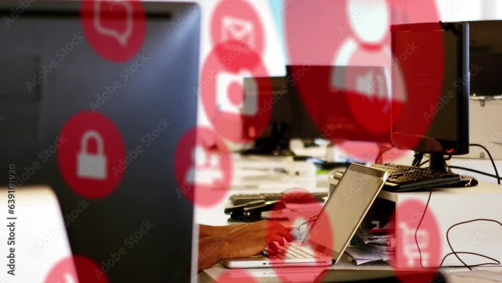 Poster animation of icons and computer language over caucasian man typing on keyboard of laptop