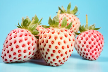 Pineberry, a white strawberry cultivar on blue background