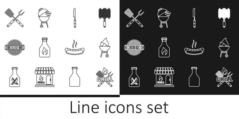 Set line Crossed fork and spatula, Barbecue grill, knife, Ketchup bottle, Hotdog sandwich and icon. Vector