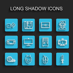 Set line Coin for game, Alien, Game dice, Computer mouse gaming, Sword, monitor, Live streaming online and icon. Vector