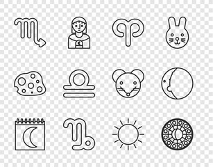 Set line Moon phases calendar, Astrology horoscope circle, Aries zodiac, Capricorn, Scorpio, Libra, Sun and Eclipse of the sun icon. Vector