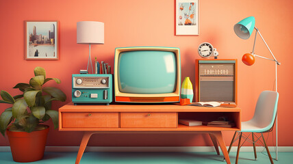 Retro old television on the desk. 90's concepts. Vintage style filtered photo. Generative AI
