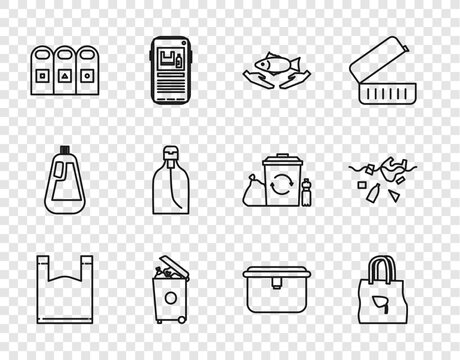 Set line Plastic bag, Shopping with recycle, Fish care, Trash can, garbage cans sorted, Bottle of liquid soap, Lunch box and Problem pollution planet icon. Vector
