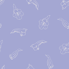 Vector linear flowers of jacaranda flowers on purple background seamless pattern. Hand drawn elements. Elegant floral background for design packaging textile wallpaper fabric