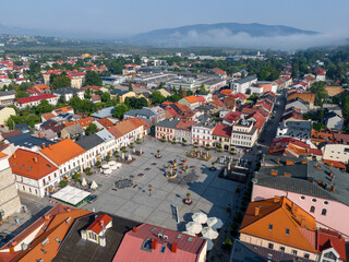 Aerial view of Zywiec. The old town of Zywiec, traditional architecture and the surrounding mountains of the Silesian Beskids and the Zywiec Beskids. Silesian Voivodeship. Poland. 