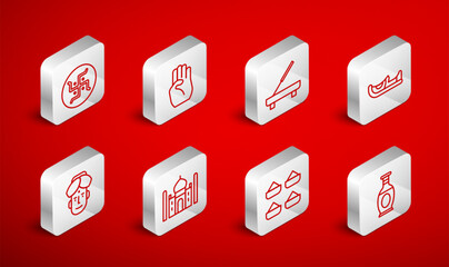 Set line Indian vase, symbol hand, Scented spa stick, shoes, spice, Hindu swastika, Taj Mahal and man icon. Vector