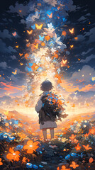 illustration of boy standing in front of glowing flowers in dark forest