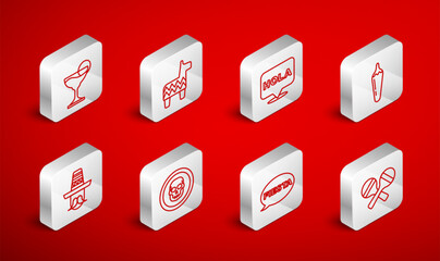 Set line Maracas, Pinata, Hola, Hot chili pepper pod, Fiesta, Margarita cocktail, Mexican skull coin and man sombrero icon. Vector © vector_v