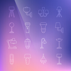 Set line Floor lamp, Wall sconce, Chandelier, Flashlight, and LED bulb icon. Vector