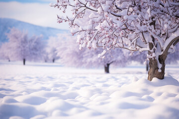serene beauty of a snow-covered landscape, with soft snowflakes falling gently and blanketing the...