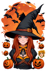 Halloween witch girl with pumpkins and bats. Vector illustration.