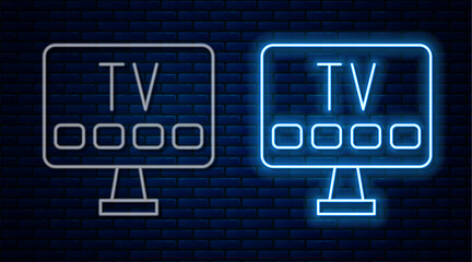 Glowing neon line Smart Tv icon isolated on brick wall background. Television sign. Vector