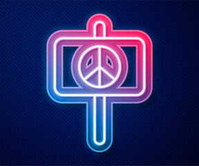 Glowing neon line Peace icon isolated on blue background. Hippie symbol of peace. Vector