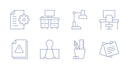 Office icons. Editable stroke. Containing document, office, study, workplace, file, paper clip, pencil holder, sticky note.