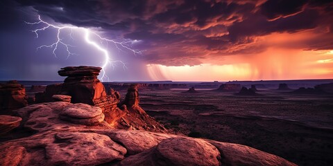 Lightning and rock formation landscape at sunset.