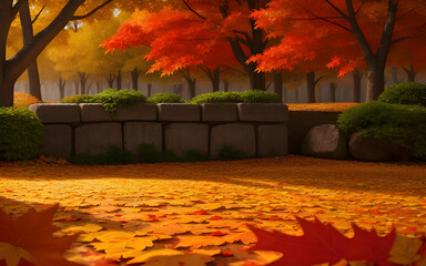 park full of falling maple leaf in autumn landscape illustration ai generated