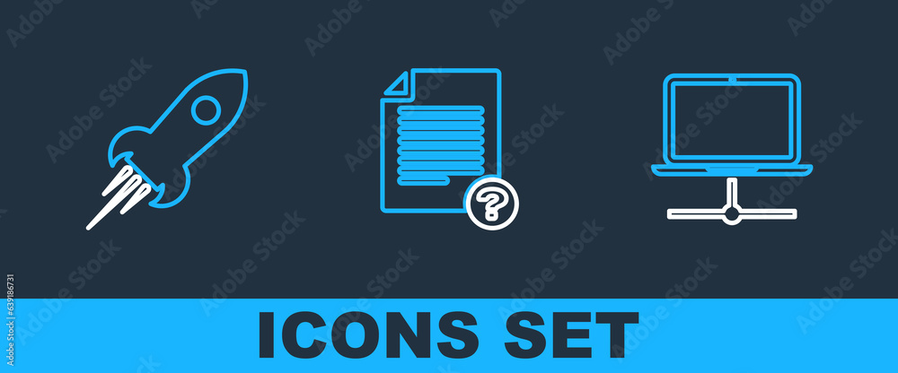 Poster set line computer network, rocket ship with fire and unknown document icon. vector