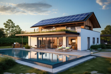 Fototapeta na wymiar Modern house with solar panels, generative AI