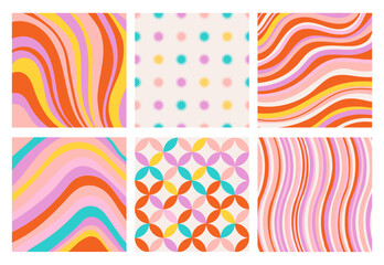 Set of wavy seamless trippy patterns in psychedelic colors. Abstract vector retro backgrounds. 1970 Aesthetic textures with flowing waves. Seventies style trendy wallpapers. Flat hippie aesthetic.