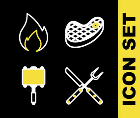 Set line Steak meat, Crossed fork and knife, Barbecue steel grid and Fire flame icon. Vector
