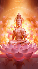 glowing golden Avalokitesvara stand on lotus, generative AI