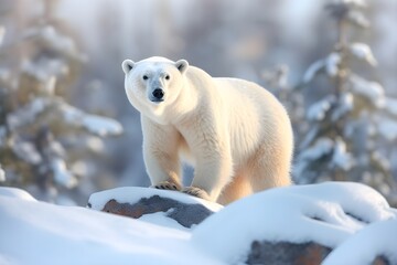 Wilderness Encounter: Polar Bear Amidst Snow-Capped Trees