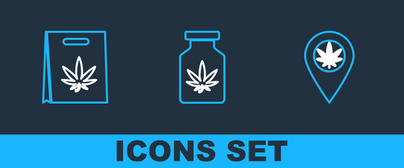 Set line Location and marijuana, Shopping bag of and Medical bottle with icon. Vector