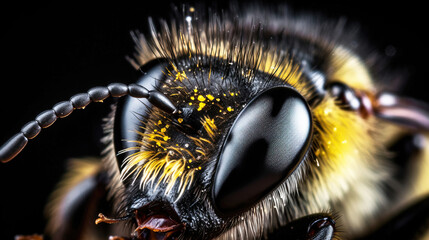 Honey bee macro shot, close-up, dark background. Agricultural farming insect. AI generated.