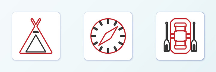 Set line Rafting boat, Tourist tent and Compass icon. Vector