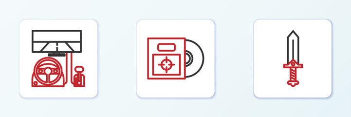 Set line Sword for game, Racing simulator cockpit and CD DVD disk box icon. Vector
