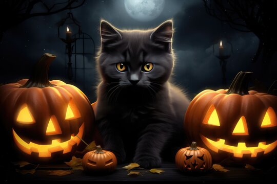Cute kitten in a pumpkin for Halloween. Generative AI
