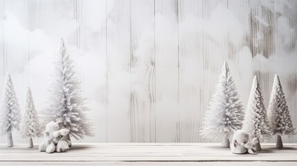 Fototapeta premium Many Christmas natural decorated trees on a snowed background. Generative AI