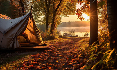 Sunrise at a camping site during autumn