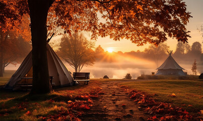 Sunrise at a camping site during autumn
