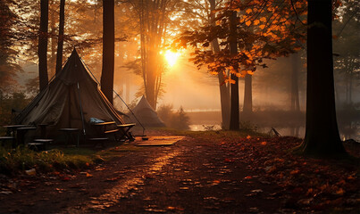 Sunrise at a camping site during autumn