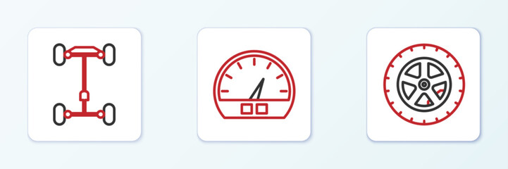 Set line Car wheel, Chassis car and Speedometer icon. Vector