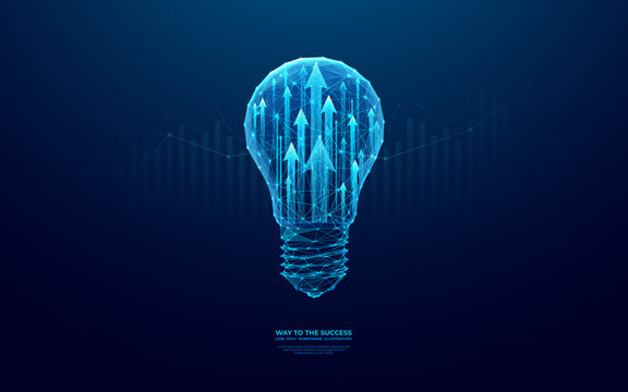 Abstract digital light bulb and growing arrows up. Start-up and business boosting concept. Futuristic low poly wireframe vector illustration on technology blue background. Polygonal or origami style.