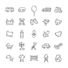 Baby toys, feeding and care line icon set.