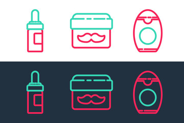 Set line Bottle of shampoo, Beard and mustaches care oil bottle and Cream or lotion cosmetic jar icon. Vector