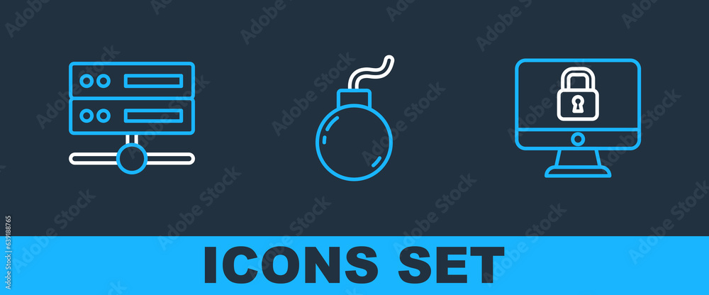 Poster set line lock on computer monitor, server, data, web hosting and bomb ready explode icon. vector