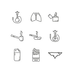 smoking line icon set with lighter, cigarettes, shisha