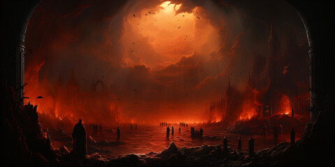 underworld with fire flames - obrazy, fototapety, plakaty