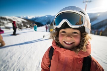 Fototapeta na wymiar smiling young skier looking at a camera with ski gear on her face