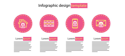 Set line Mobile with closed padlock, Mail message password, Firewall, security wall and House under protection icon. Vector