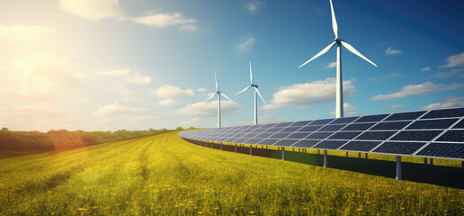 Renewables, Photovoltaic, Sky, Nature, Green Power, Wind Turbines, Solar energy panels, Clean economy and business. Image of solar panels and wind turbines in a green field. Renewables concept.
