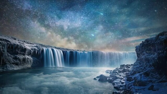 Iridescent cascade on alien cliff, Milky Way's backdrop, starry magic. Extraterrestrial waterfall, celestial beauty unveiled