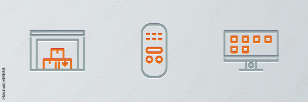 Poster Set line Smart Tv, Warehouse and Remote control icon. Vector