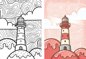Lighthouse of the sea on ice cream islands - Illustration for kids books, gift card and colouring book - Kawaii style
